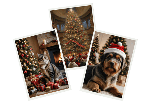 Weihnachtsbilder mit Katze, Hund und geschmücktem Tannenbaum