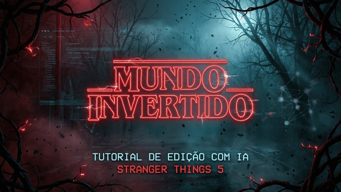 Texto Mundo Invertido em neon vermelho com fundo de floresta sombria e raízes, para tutorial de edição com IA