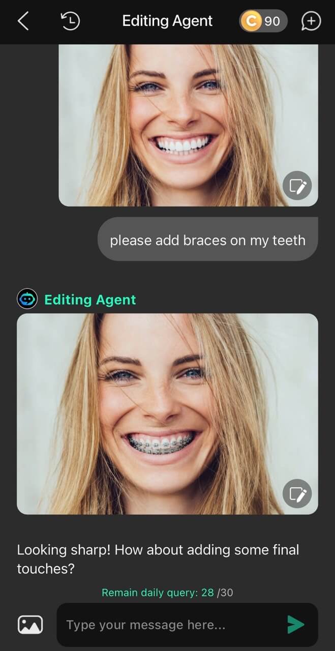 With just a simple prompt, the AI accurately places realistic braces on your teeth With just a simple prompt, the AI accurately places realistic braces on your teeth