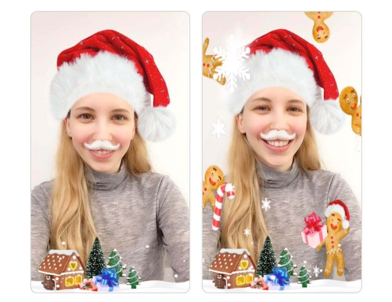 Weihnachtsmann und Lebkuchenmännchen Weihnachtsfilter mit Weihnachtsmütze, Bart und tanzenden Lebkuchenmännchen.