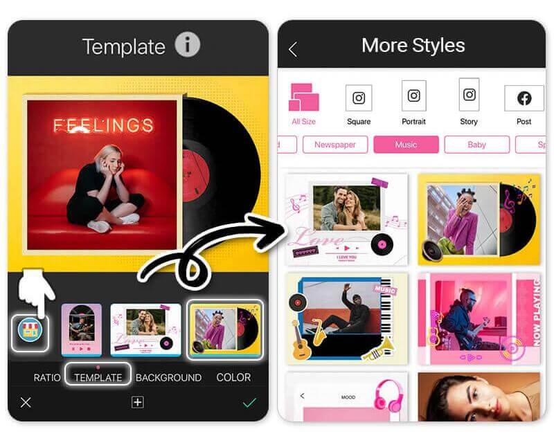 Auswahl von Vorlagen in der YouCam Perfect App.