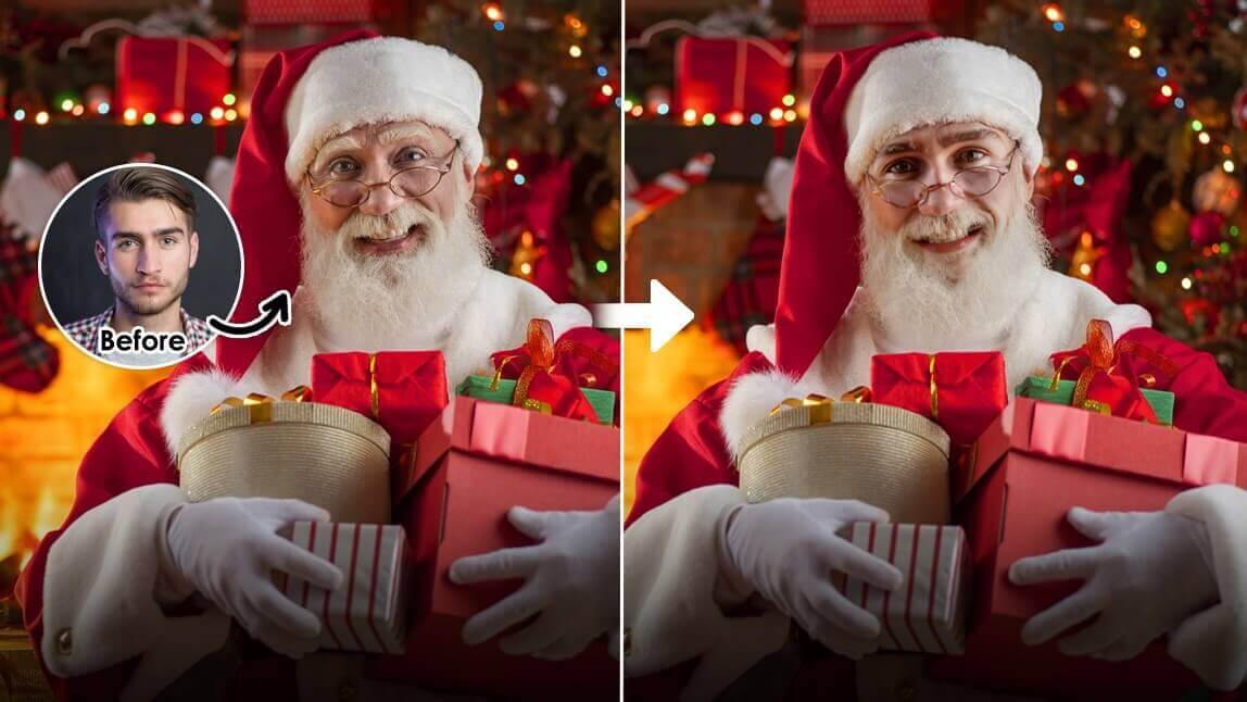 Vorher-Nachher-Vergleich eines Santa Face Swaps, bei dem das Gesicht eines Mannes per App realistisch auf den Körper des Weihnachtsmanns übertragen wird.