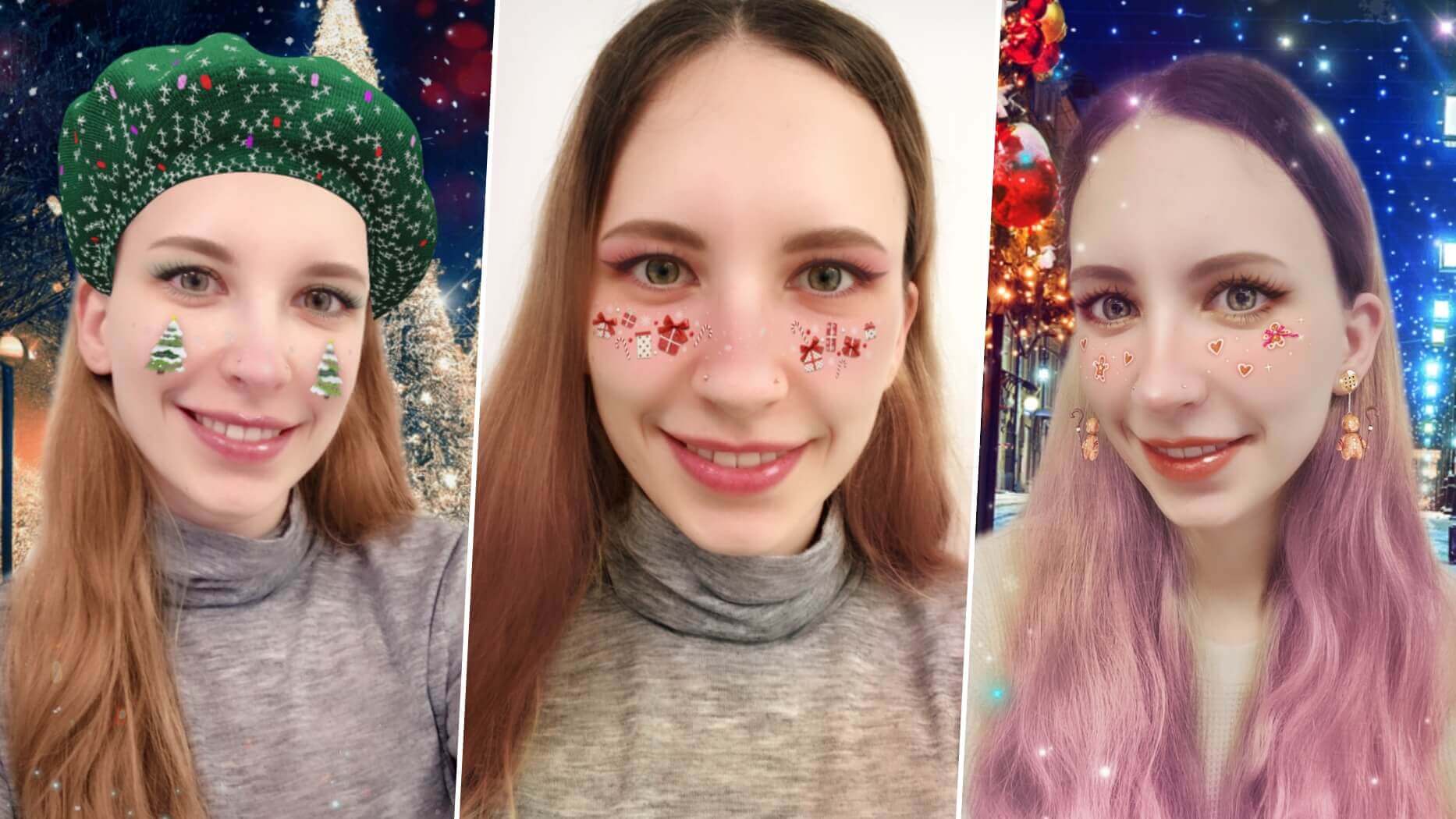 Weihnachtsselfies Drei Weihnachtsselfies mit Weihnachtsfiltern von YouCam Makeup