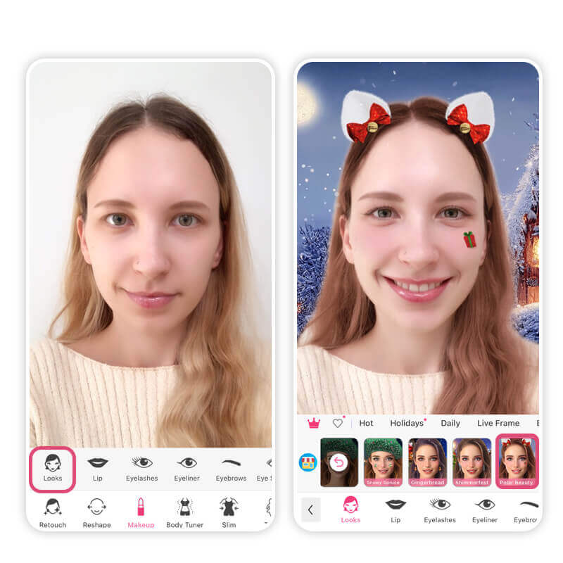 Weihnachtsselfie machen Mache ein Selfie und wende einen Weihnachtsfilter an.