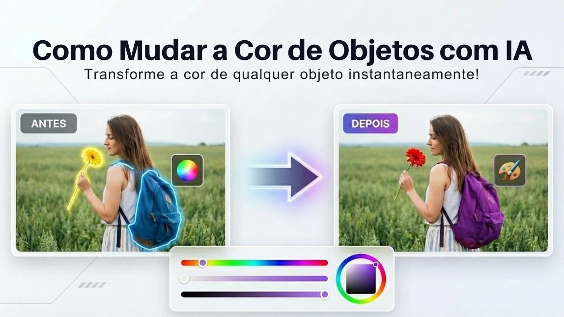 Demonstração de como mudar a cor de um objeto em foto, com uma mulher de mochila segurando uma rosa mudando de cor.