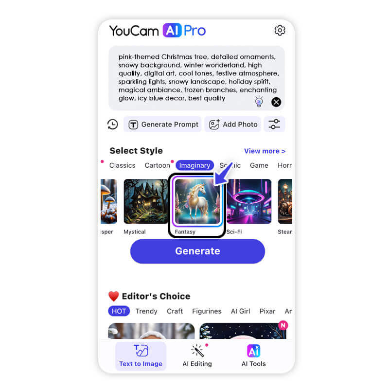 Auswahl verschiedener KI-Kunststile in der YouCam AI Pro App.