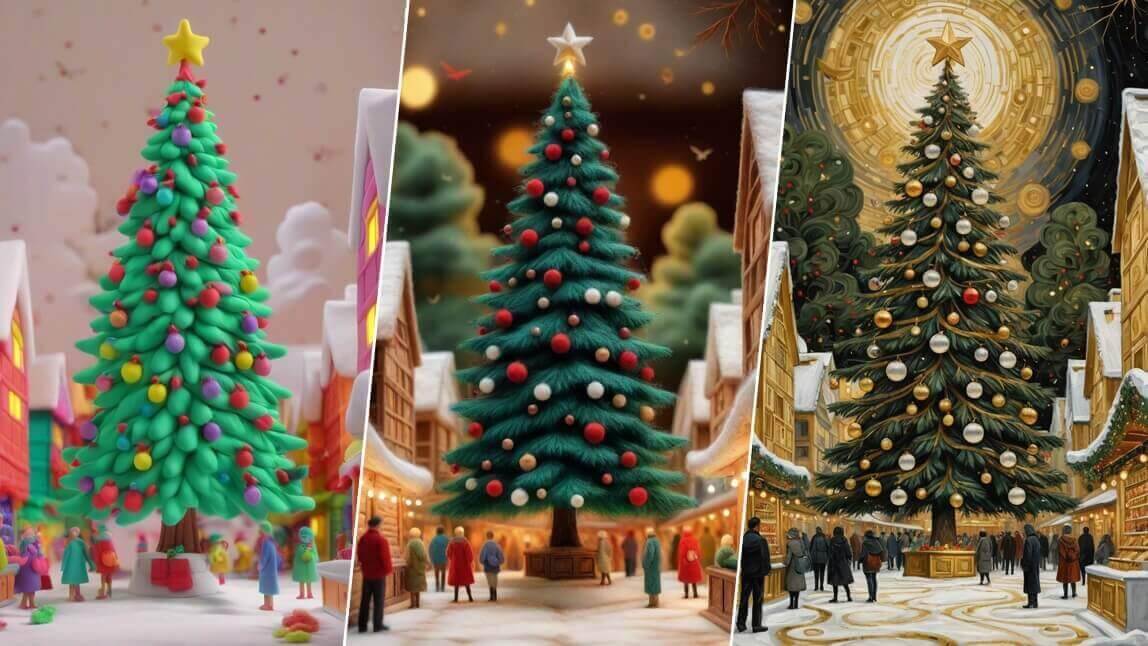 Eine Collage aus drei KI-generierten Weihnachtsbäumen in verschiedenen Stilen: 3D-Cartoon, Nadelfilz und Ölgemälde.