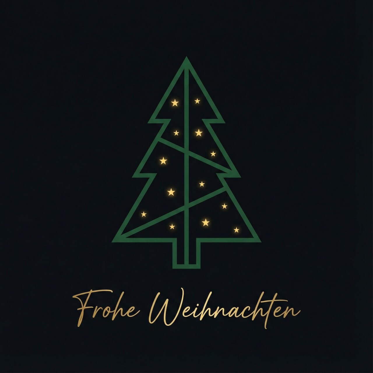 Minimalistischer Weihnachtsbaum mit goldenen Sternen und weihnachtlichem Gruß