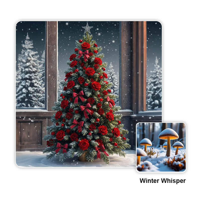 Ein KI-Weihnachtsbaum im 'Winter Whisper'-Stil mit viel Schnee.