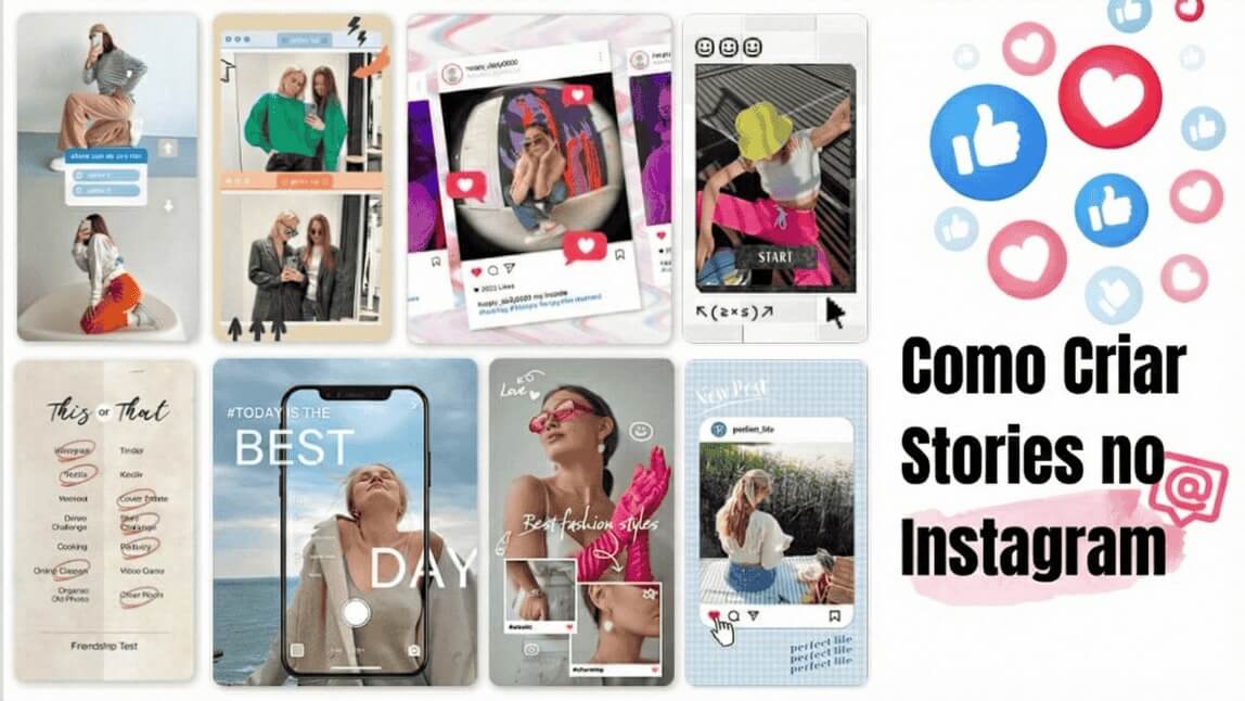 Capa do guia Como Criar Stories no Instagram mostrando exemplos de templates, enquetes e layouts criativos de stories.
