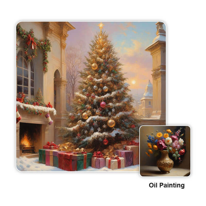 Ein kunstvoller KI-Weihnachtsbaum im Stil eines Ölgemäldes.