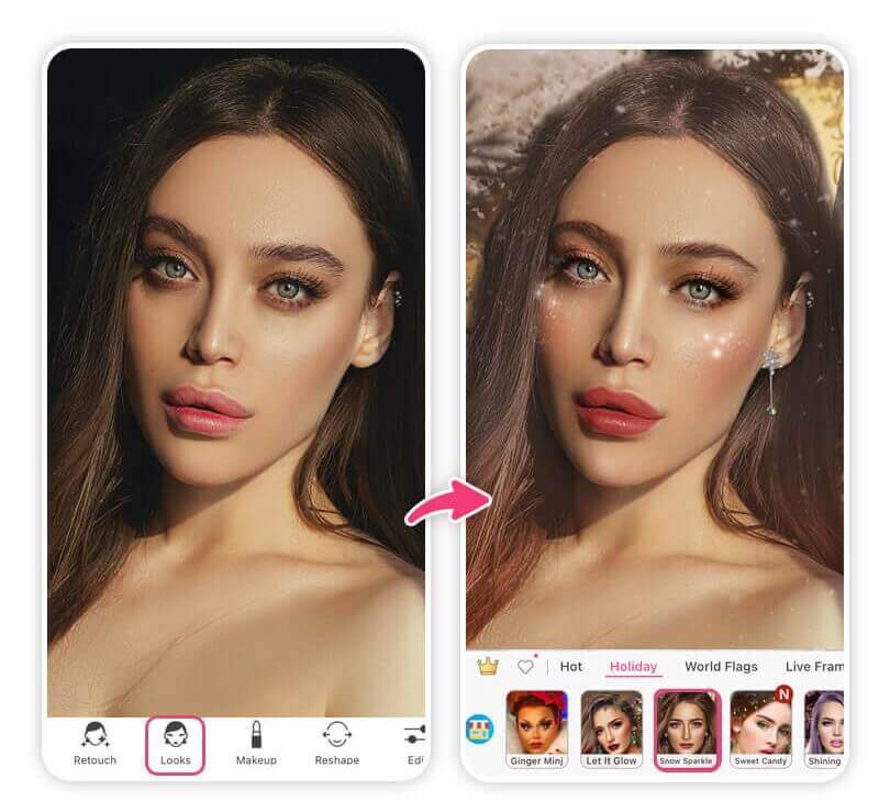 Ein klassisches Weihnachts-Makeup mit roten Lippen und Eyeliner.