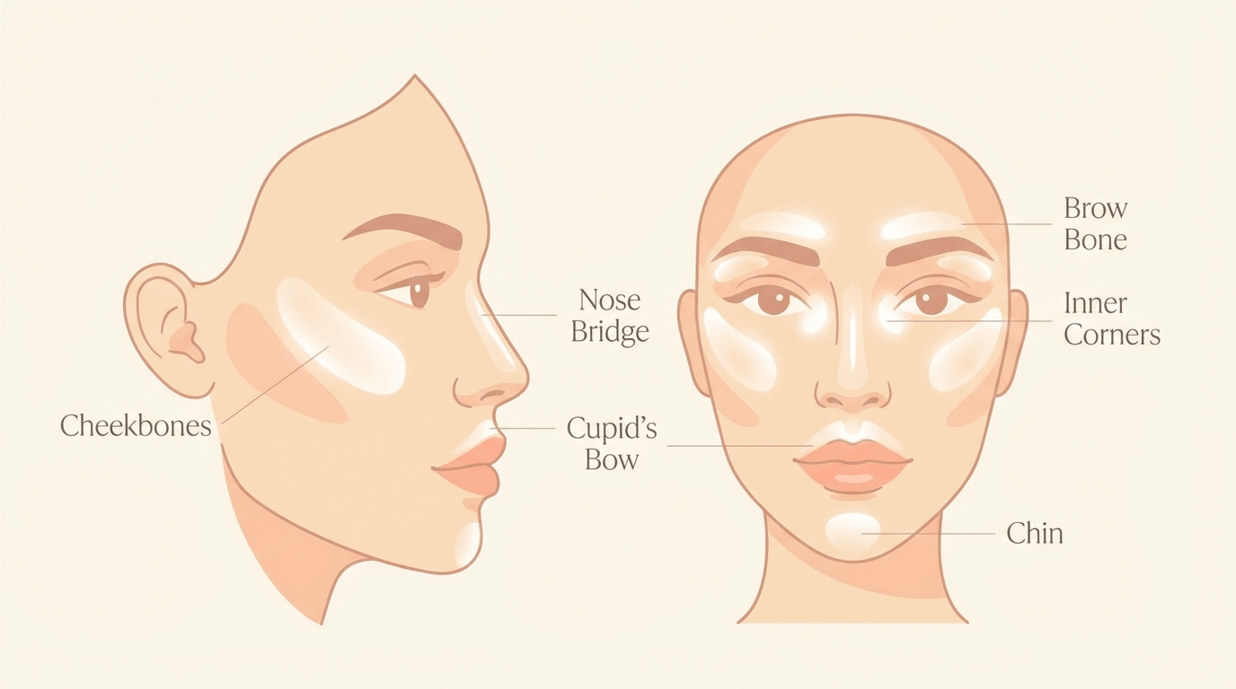 Zonas comunes de colocación del iluminador para un brillo equilibrado. Zonas comunes de colocación del iluminador para un brillo equilibrado.