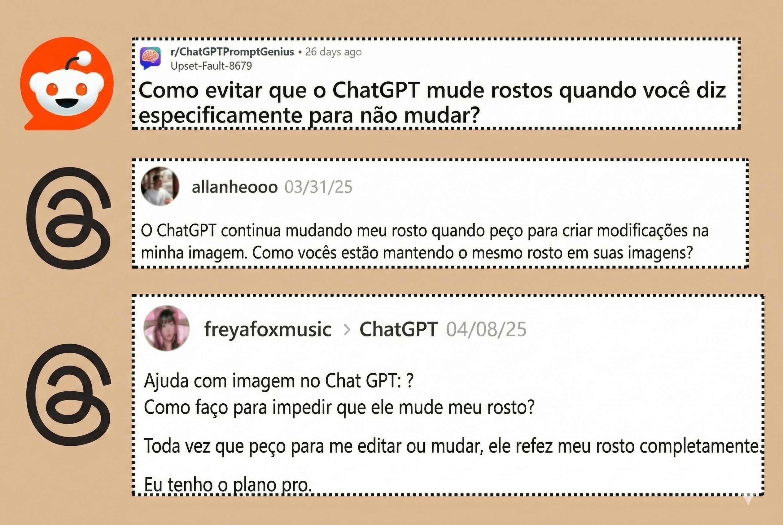Imagem mostrando mensagens de usuarios do Reddit e Threads frustrados com o ChatGPT mudando o rosto nas fotos