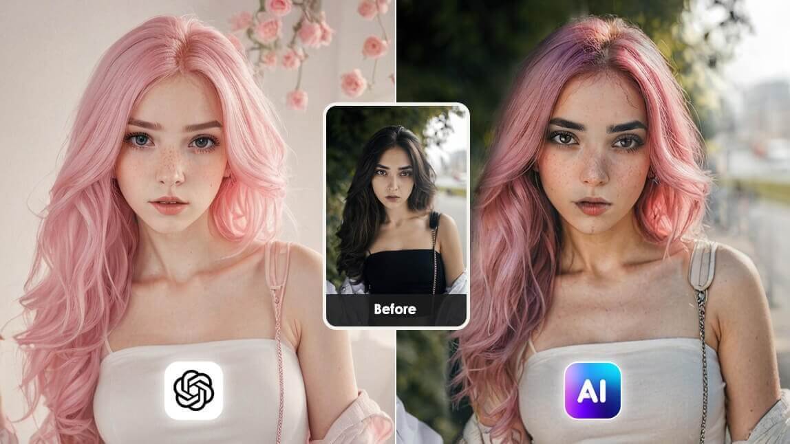 Comparação de edição com IA: exemplo do ChatGPT mudando o rosto versus YouCam AI Pro mantendo os traços originais ao mudar a cor do cabelo.