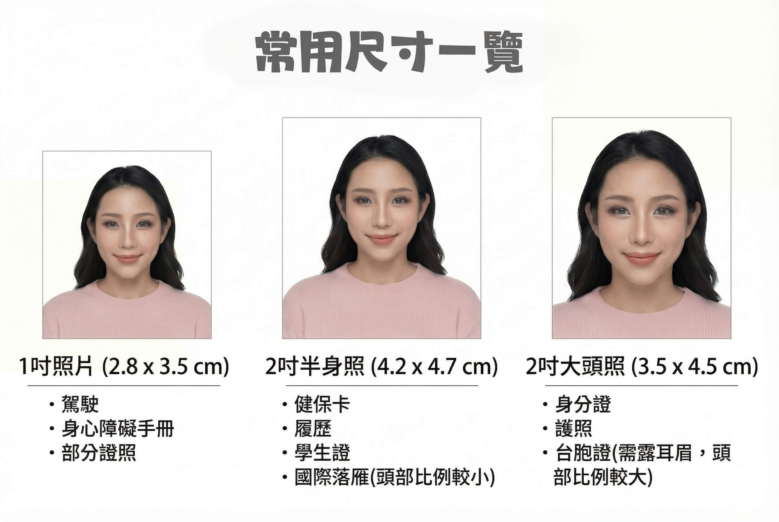 台灣常見證件照尺寸對照表 台灣證件照常用尺寸一覽表