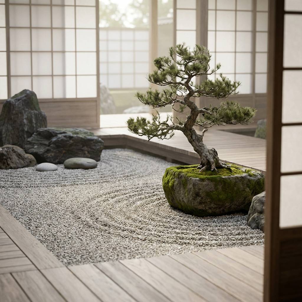 "Minimalist Japanese zen garden, raked sand, bonsai tree, soft natural light."