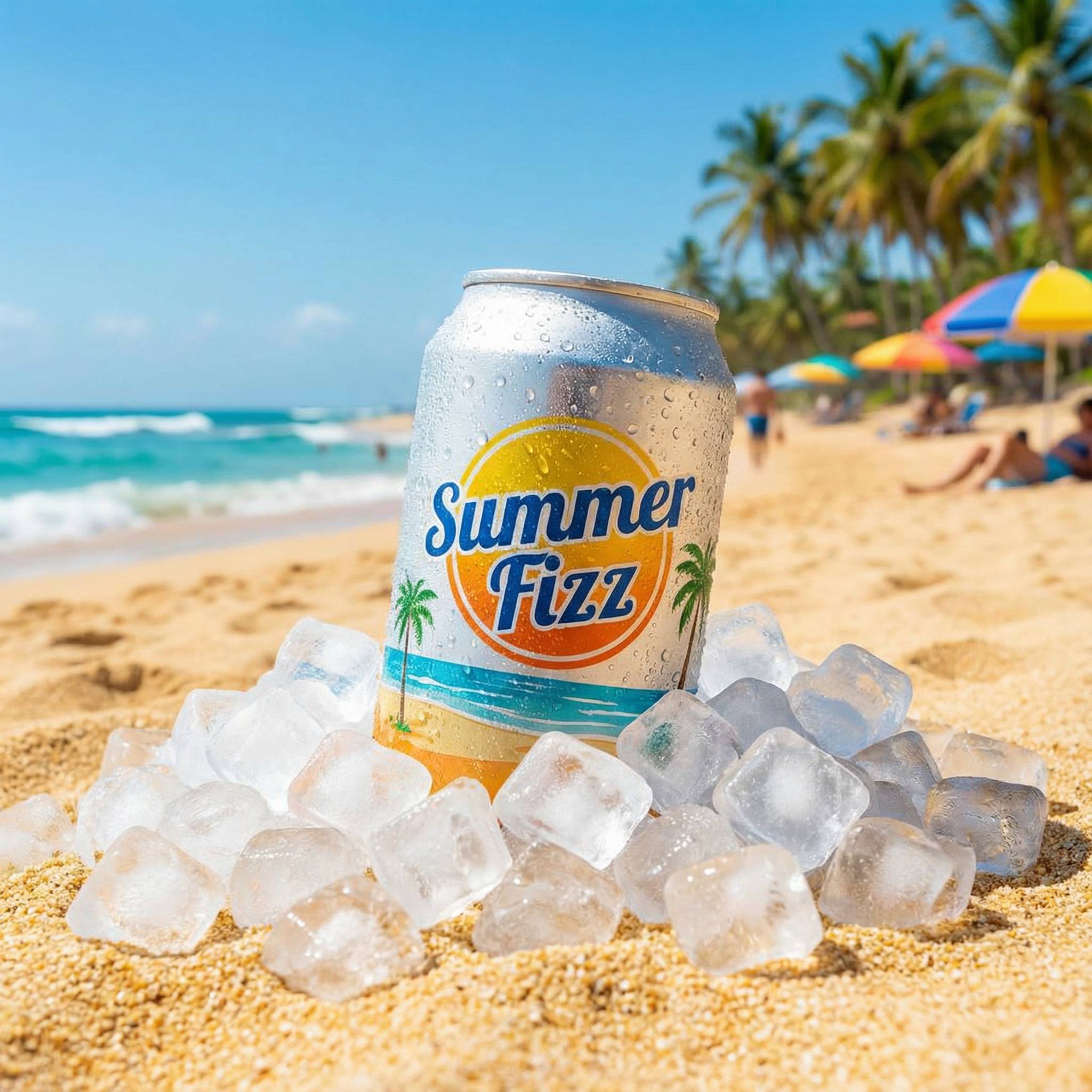 "Ice cold soda can with condensation droplets, sunny beach background, vibrant summer vibes."