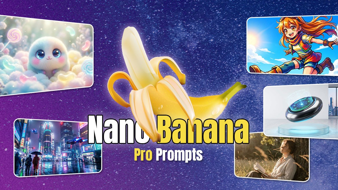 Nano Banana Pro banner displaying diverse AI art styles including 3D renders, anime, cyberpunk, and photorealism that can be used to generate images.