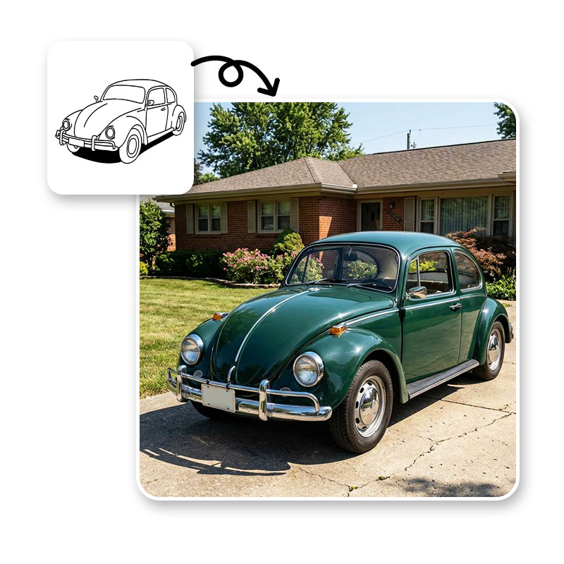 Line art sketch of a vintage Volkswagen Beetle transformed into a photorealistic green car photo using Nano Banana Pro.