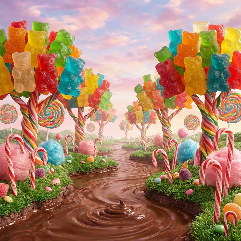 "A forest made of candy, gummy bear trees, chocolate river, vibrant fantasy."