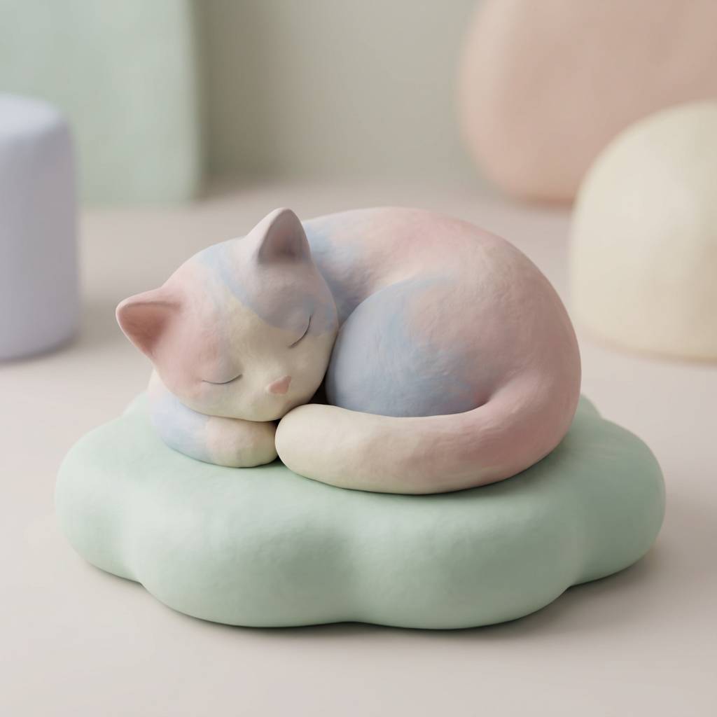 "Digital clay sculpture of a cat, smooth pastel textures, calming aesthetic."