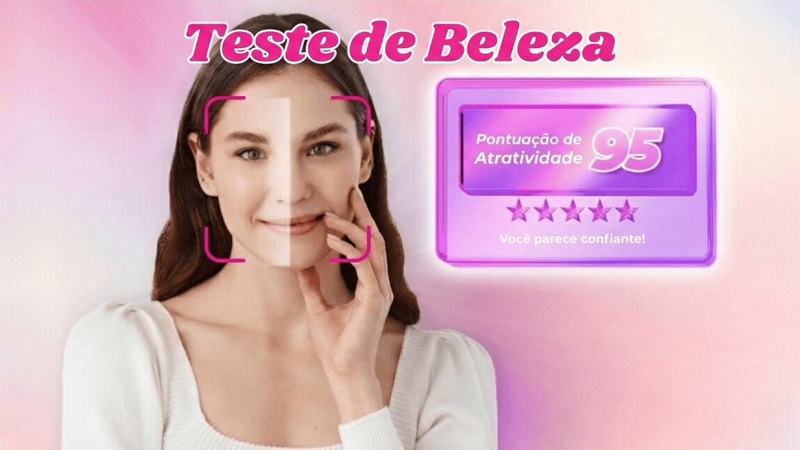 Modelo feminina recebendo análise facial de IA com pontuação de atratividade 95 e linhas de simetria.