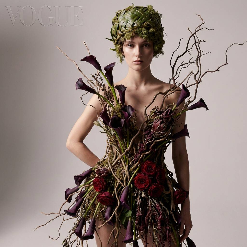 "High fashion editorial, avant-garde outfit made of flowers, studio lighting, Vogue style."