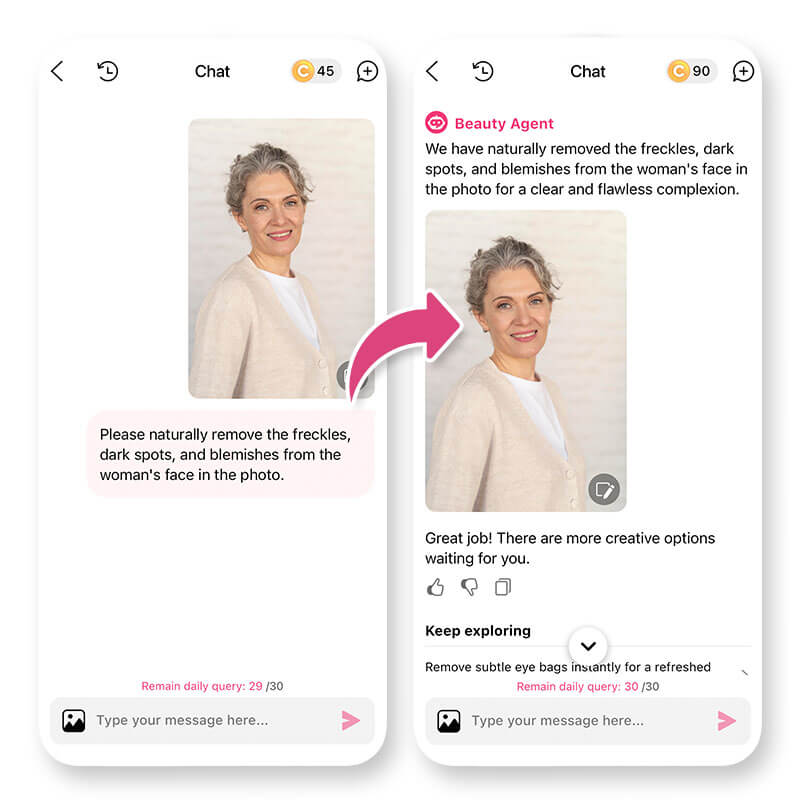Antes e depois de remover manchas de idade com app YouCam Makeup