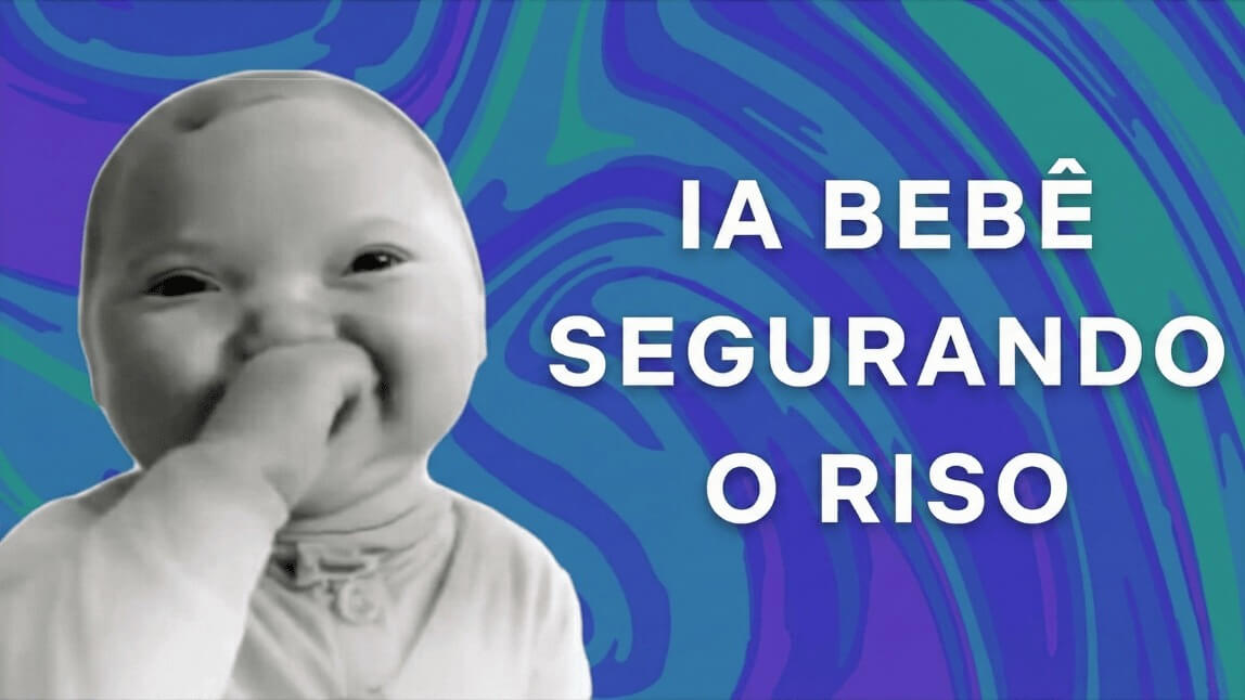 Capa do blog mostrando o meme viral do Tuff Baby Meme segurando o riso com o texto "IA Bebê Segurando o Riso" sobre um fundo colorido psicodélico.
