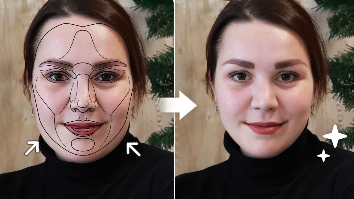 Comparação antes e depois do filtro rosto perfeito mostrando linhas de proporção áurea e simetria facial editada no app YouCam Perfect.