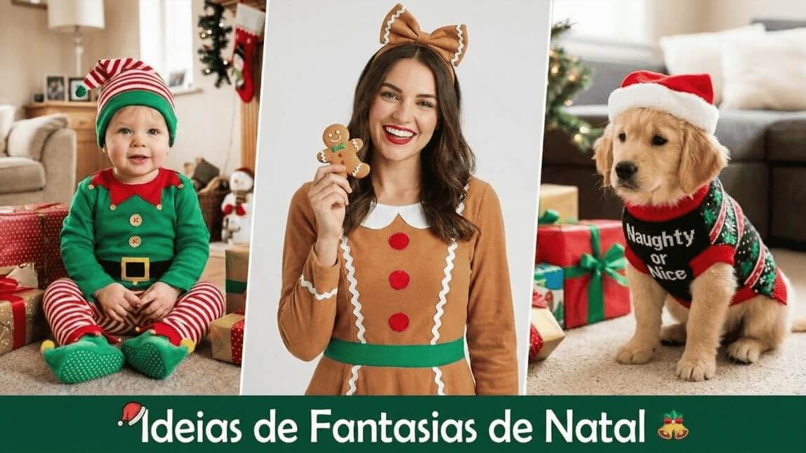 3 ideias de fantasia de Natal fofas e criativas: bebê vestido de árvore, mulher com pijama de rena e cachorro vestido de Papai Noel.