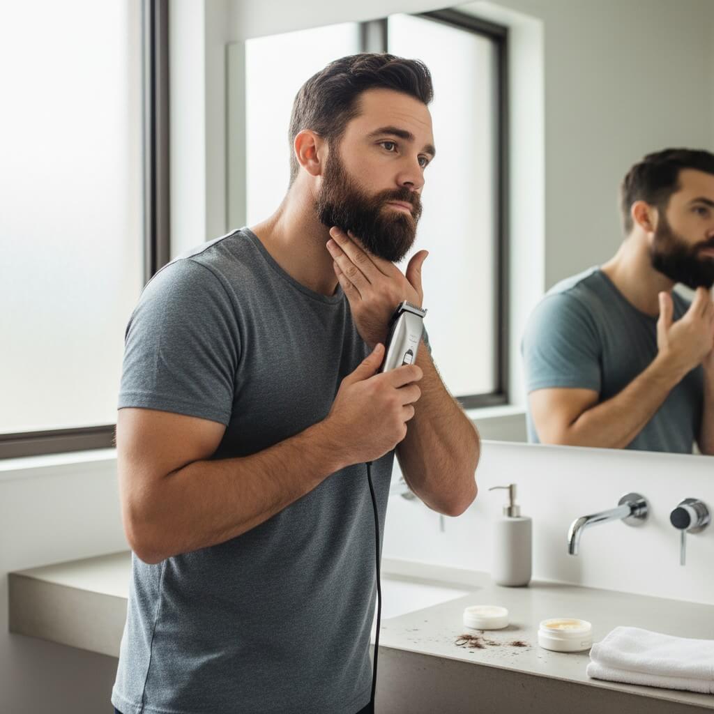 A man meticulously shaping his beard to perfection for his oval face.