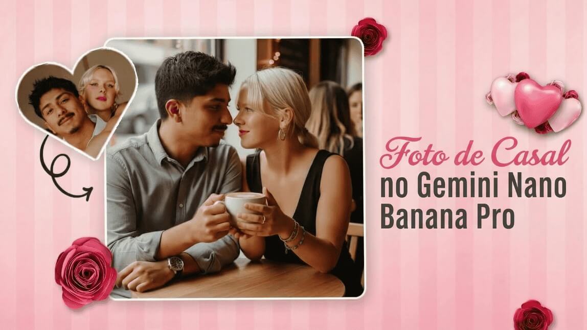 Banner da trend foto de casal no Gemini mostrando transformação de selfie em foto profissional com IA Nano Banana Pro.