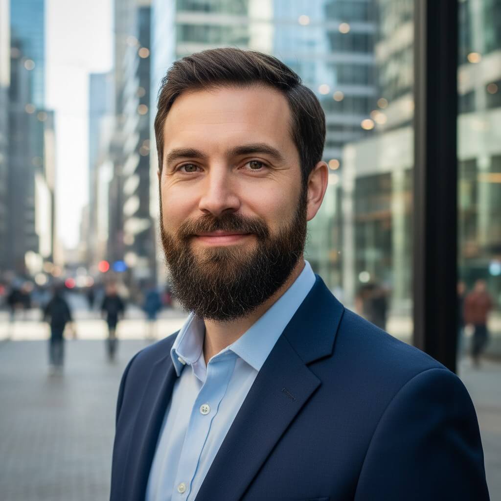 A man with an oval face and a well-groomed beard, exuding confidence.