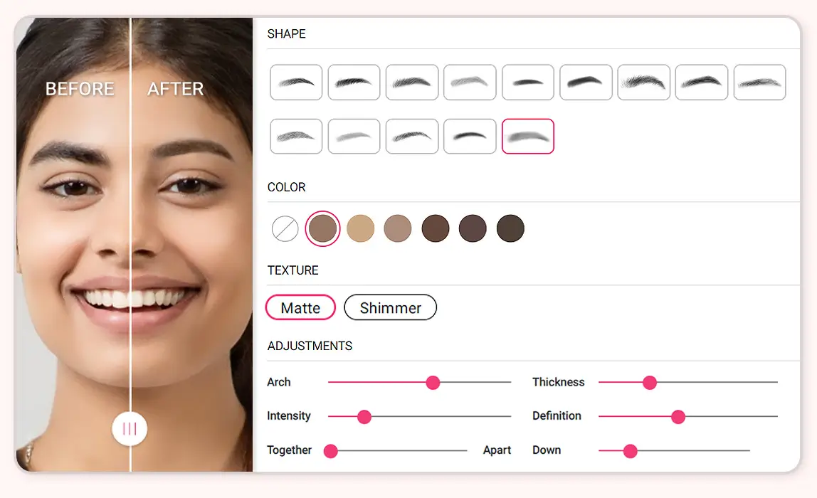 Woman uses a face Tool by Perfect Corp to virtually try on different eyebrow shapes.