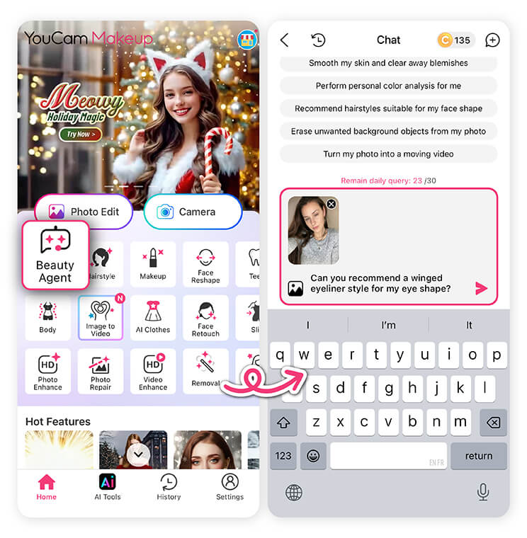 Try eyeliner for downturned eyes instantly with YouCam Makeup. Beauty Agent can help you find the best eyeliner style for downturned eyes.