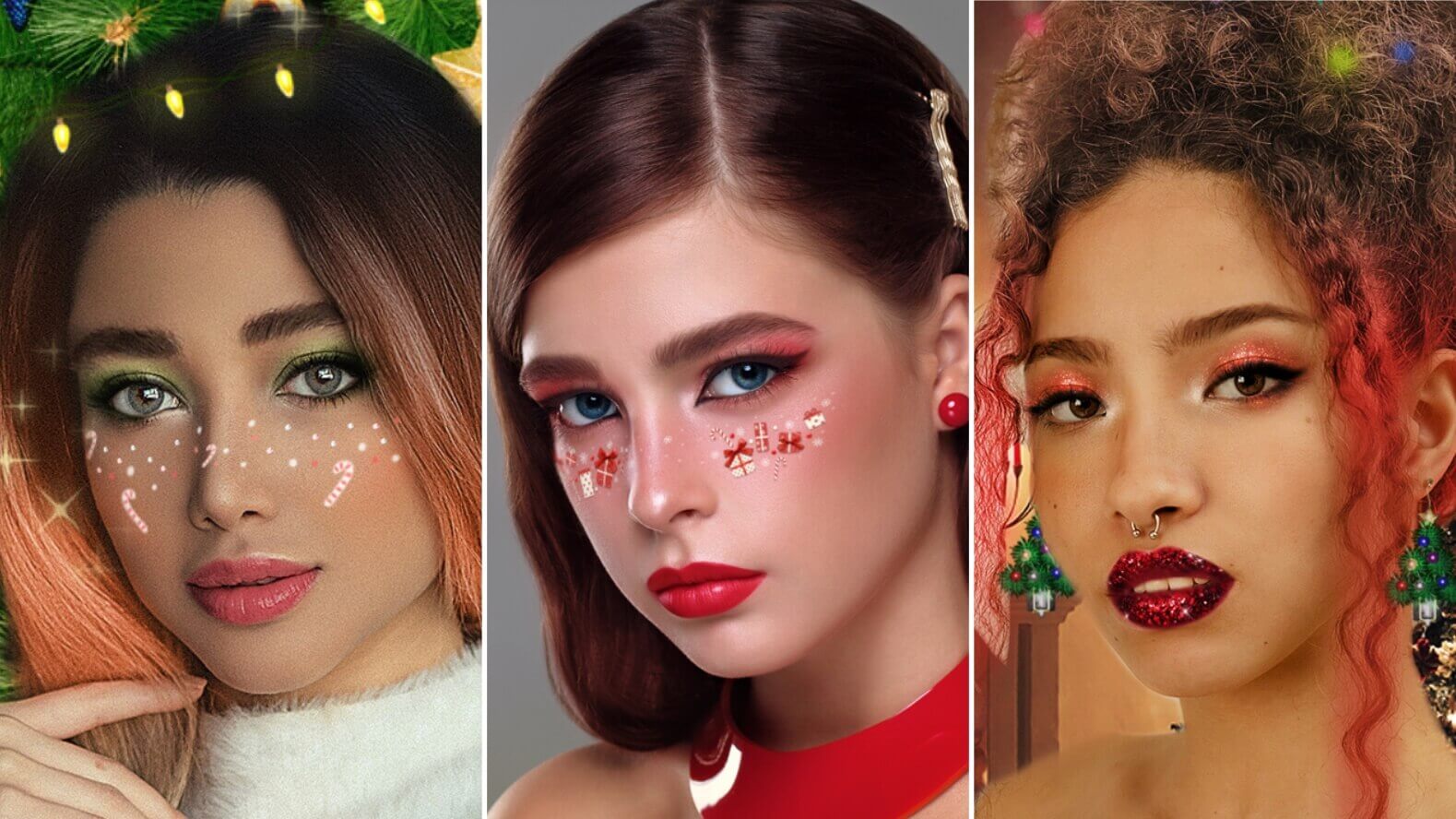 Portraitbilder von drei Frauen mit verschiedenen Weihnachts-Makeups