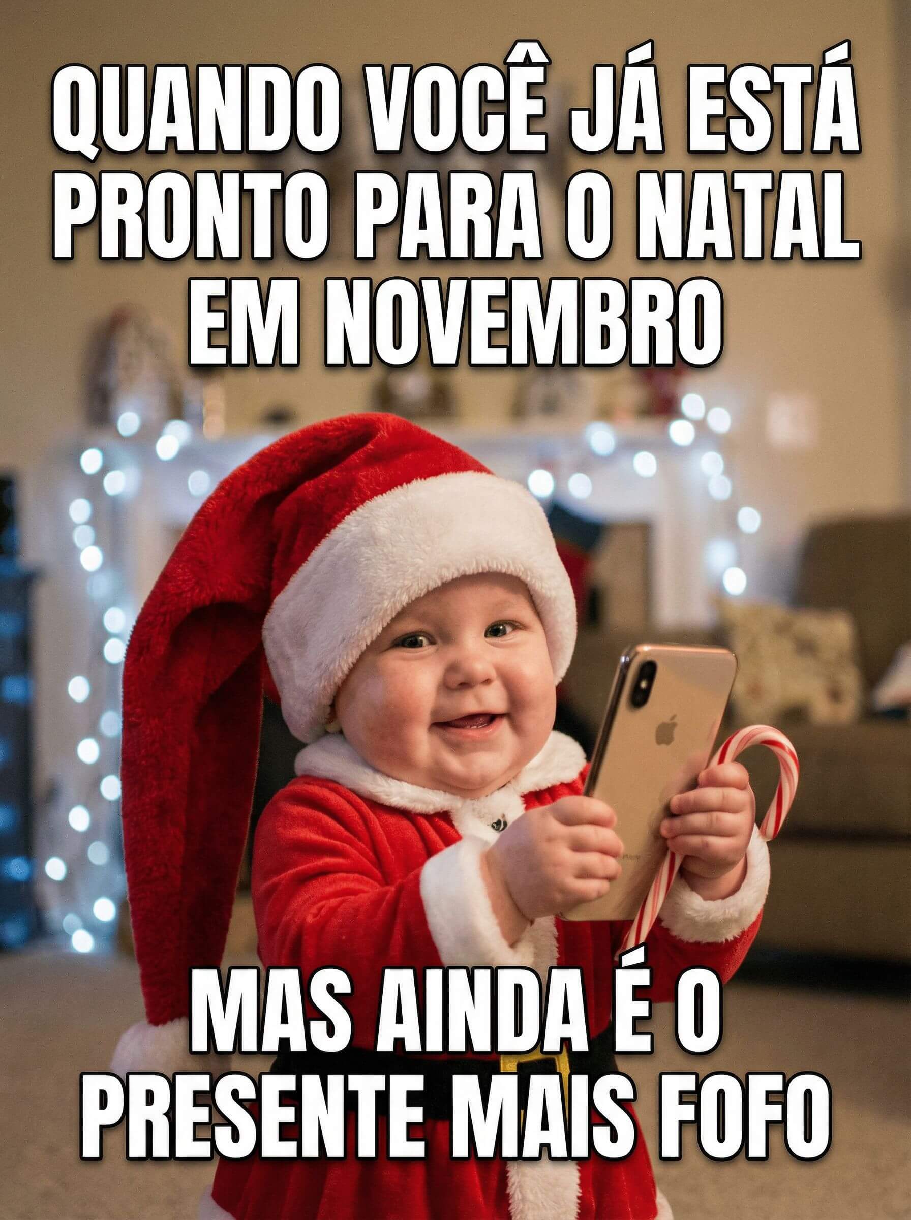 bebê fofo vestido de Papai Noel segurando celular ansioso pelo Natal já em novembro