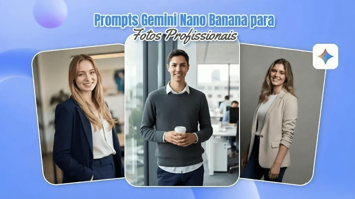 Exemplos de headshots corporativos e fotos para LinkedIn gerados por IA usando prompts do Gemini Nano Banana no YouCam Makeup.