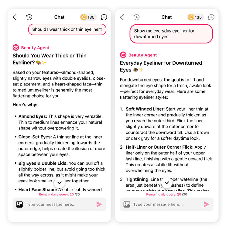 Get personalized makeup recommendations in seconds using Beauty Agent feature. Beauty Agent will help you find the best makeup look for you in seconds.