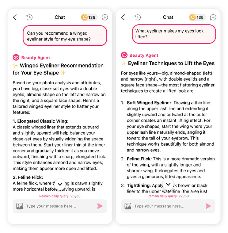 Simply type in a question to get recommendations for your eye shape. Find the best eyeliner style for downturned eyes using Beauty Agent.