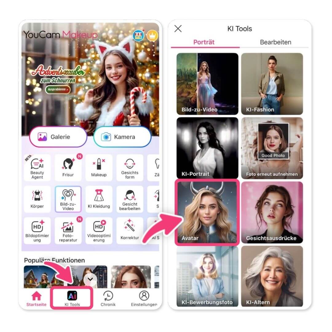 Screenshot von der YouCam Makeup Startseite, um zur Funktion Avatar zu gelangen.