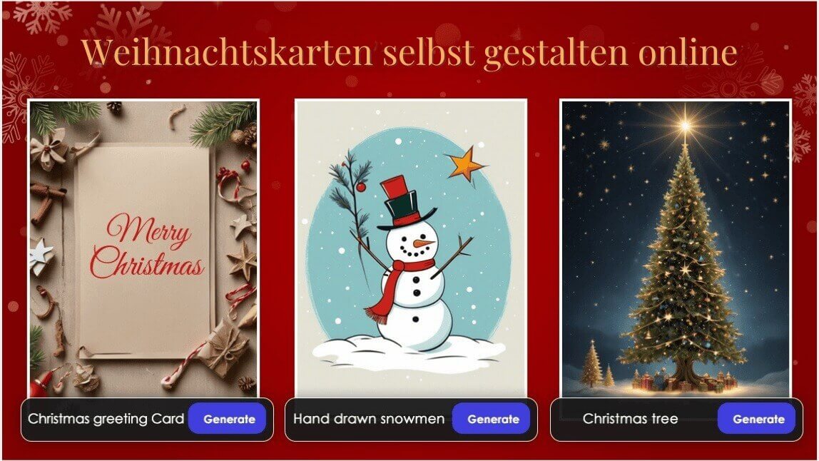 3 KI-generierte Bilder mit einer Weihnachtskarte umgeben von Zimtstangen und Tannenzweigen, einem Schneemann mit Hut, Schal und Tannenzweig und einem dekoriertem Weihnachtsbaum