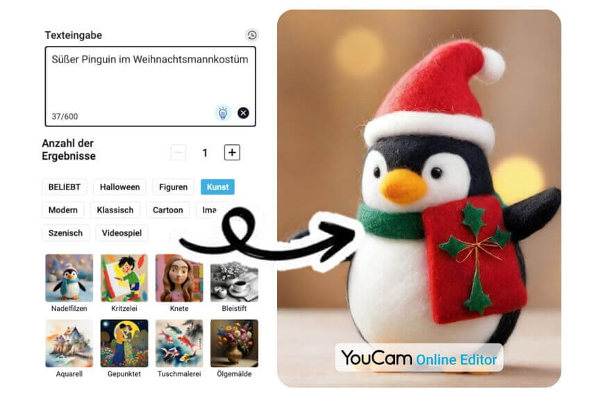 Bildgenerator mit Beispiel eines Pinguins im Weihnachtskostüm