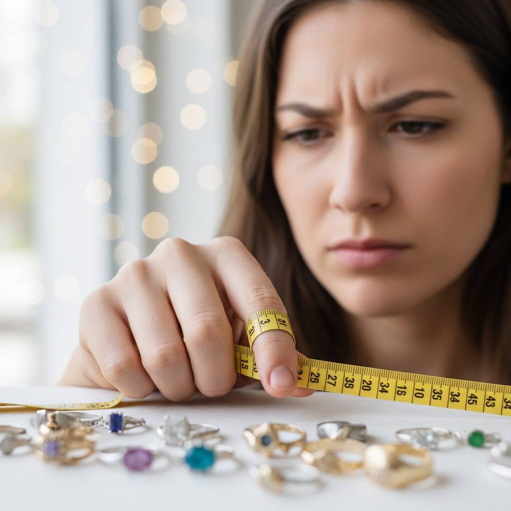 A close-up shot of hands, focusing on the ring sizing process. A close-up shot of hands, focusing on the ring sizing process.