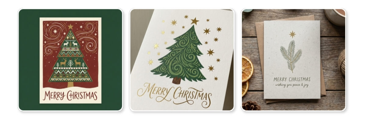 Drei Weihnachtskarten, die mit dem YouCam Online Editor erstellt worden sind.