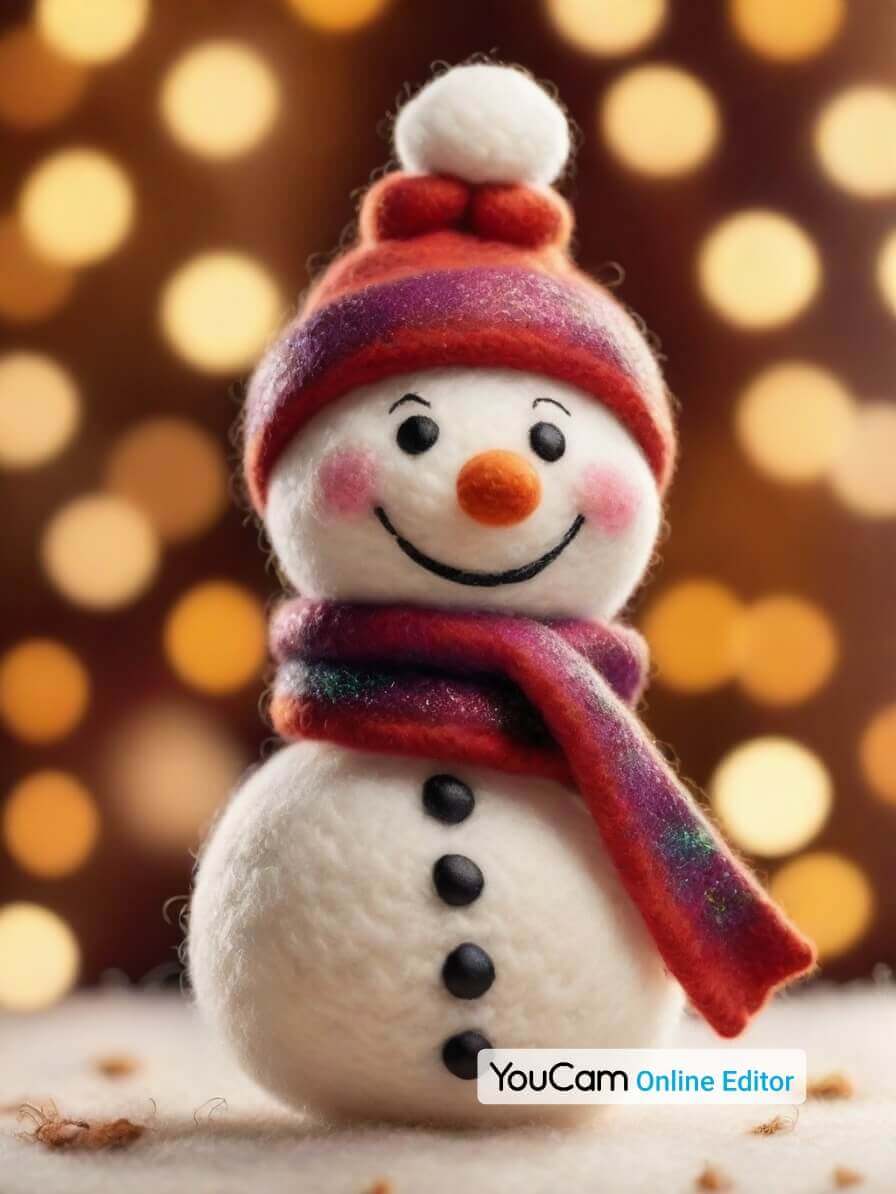 Ein lächelnder Schneemann mit Schal und Glitzer in der Luft.