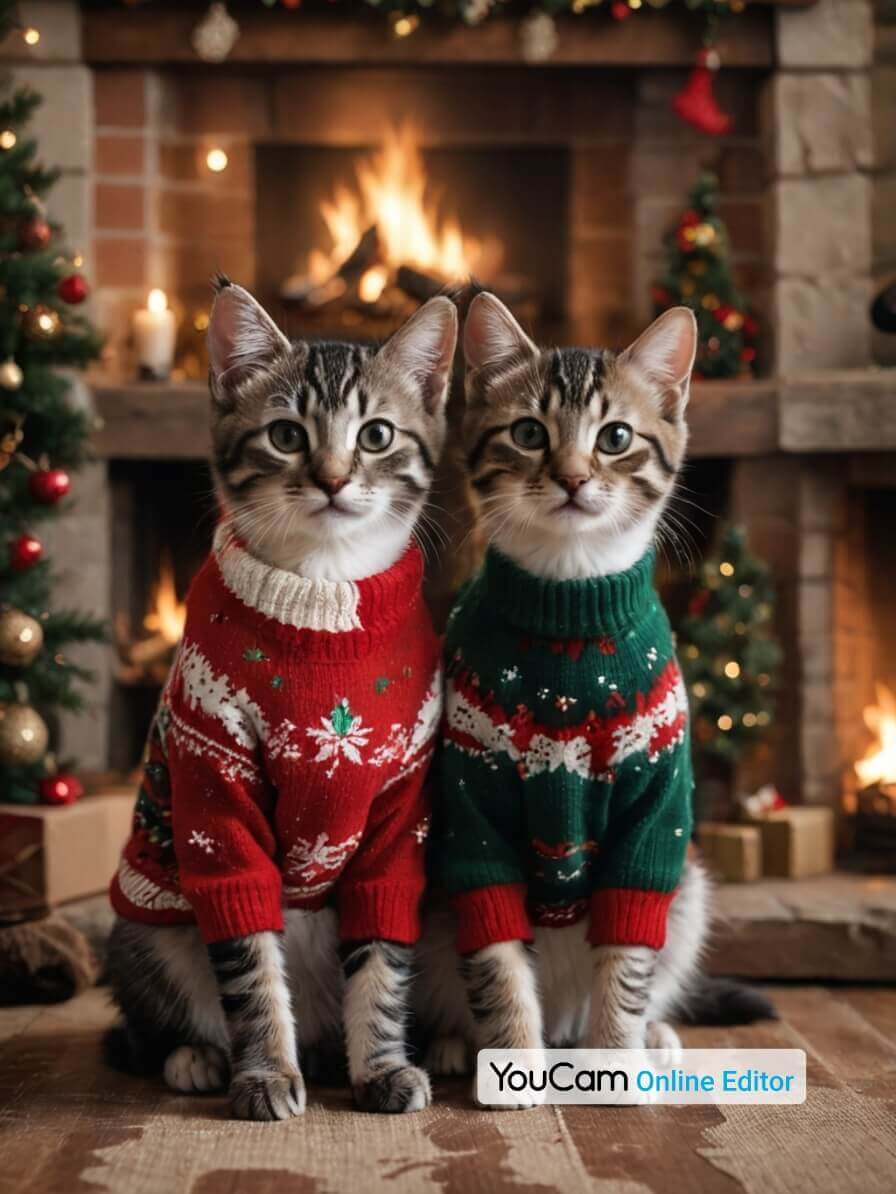 Zwei Kätzchen in Weihnachtspullovern vor einem Kamin