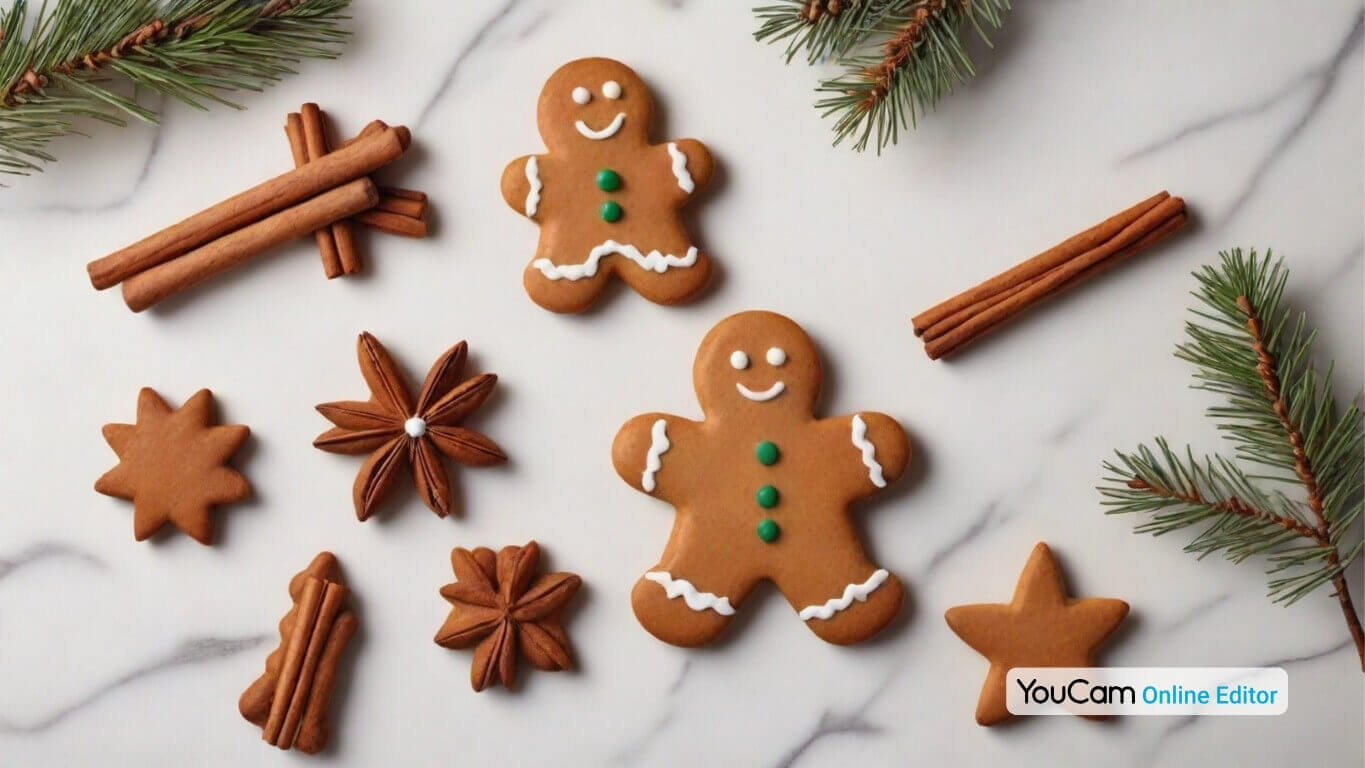 Weihnachtliche Backszene mit Lebkuchen, Tannenzweigen und Zimtstangen